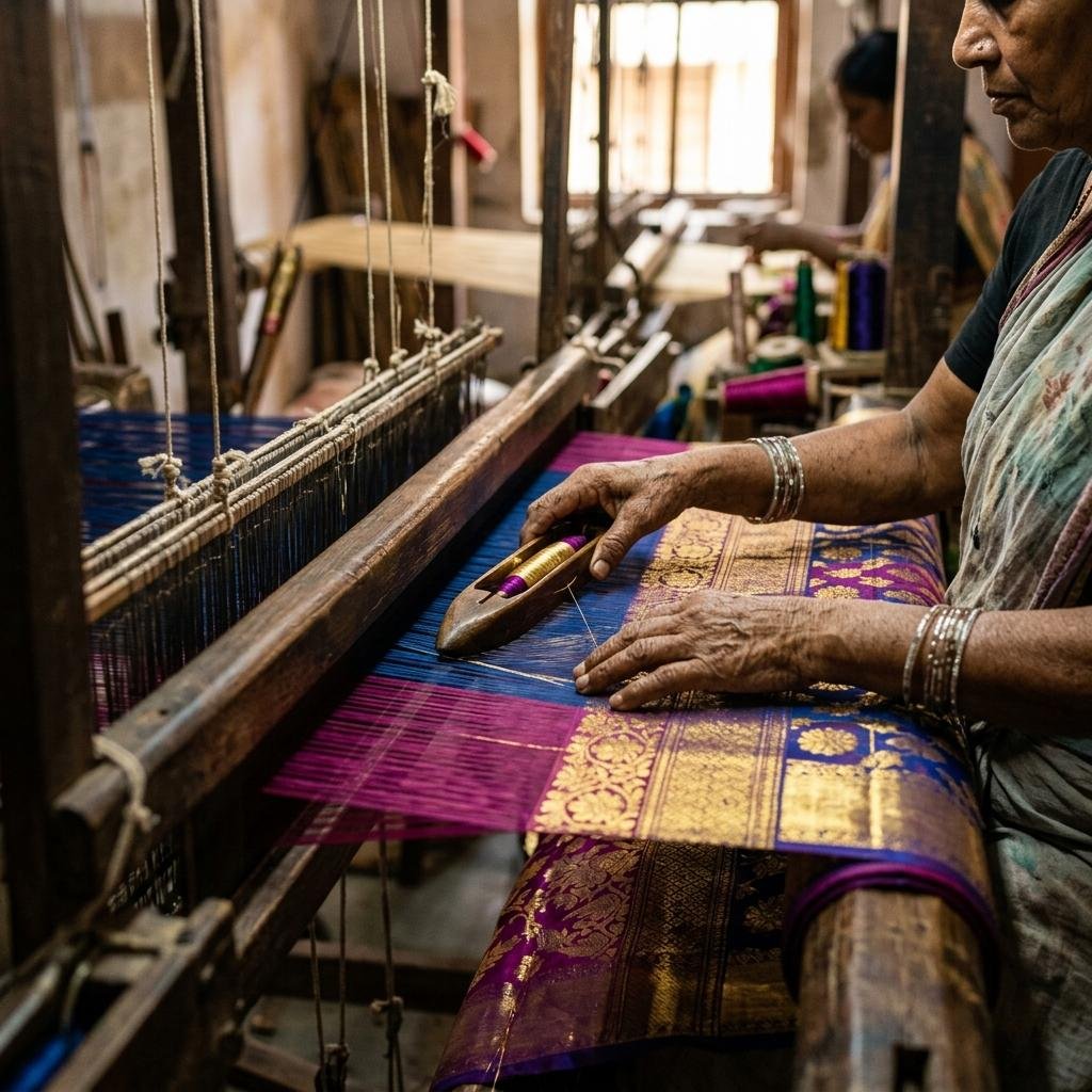 Weaver on a handloom
